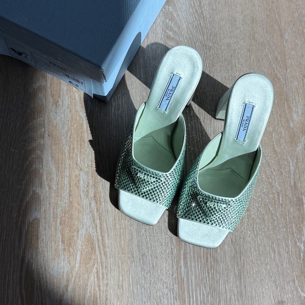 Prada Crystal Embellished Satin Slide Sandals Mint Green | Size 37 | Logo Detail